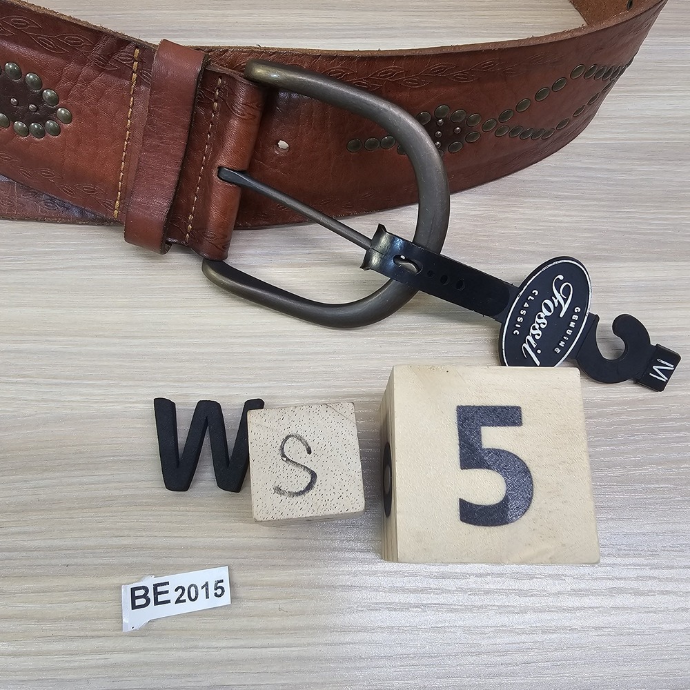 Western Boho Waist Belt Women M Brown FOSSIL Studded Tooled Leather Brass Buckle - Picture 13 of 13